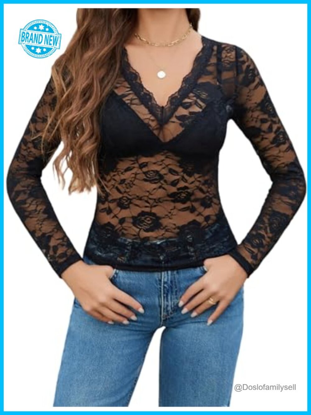 Sheer Mesh Long Sleeve V-Neck Lace Blouse Top